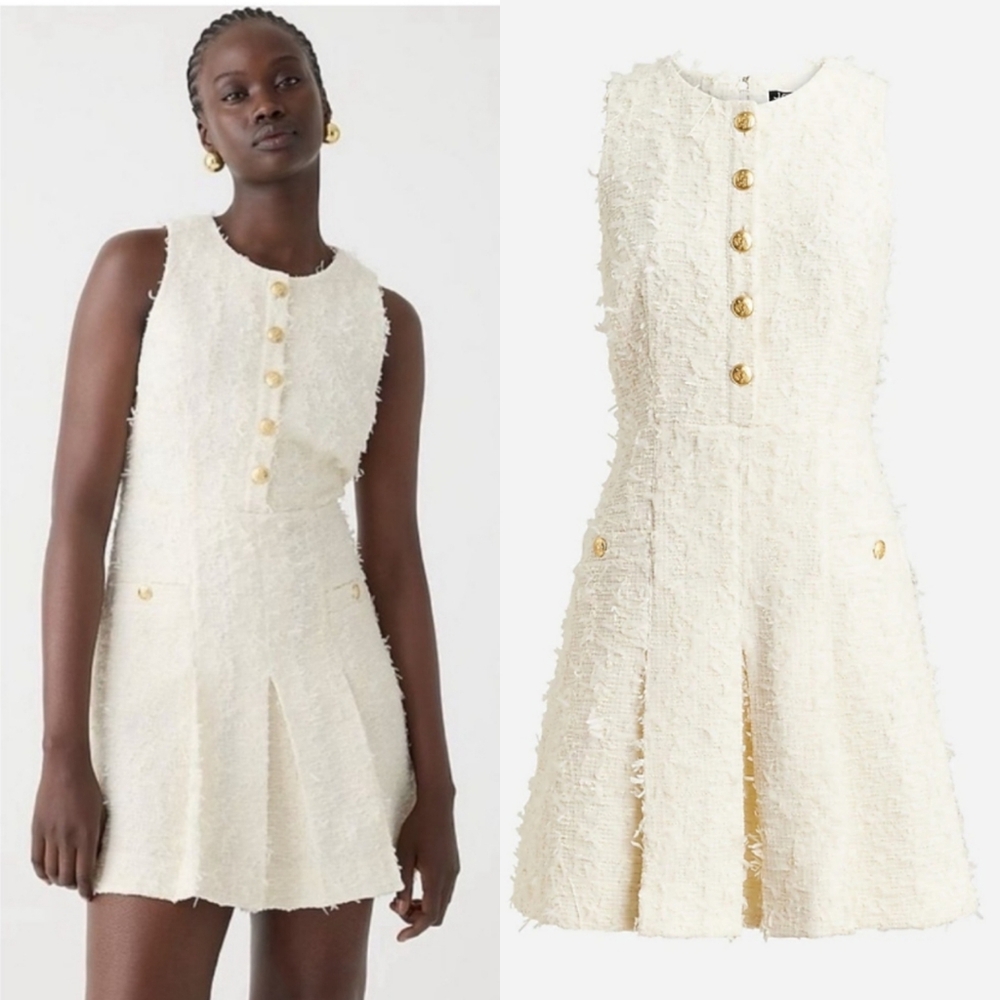 J. Crew | Pleated Ivory Tweed Mini Dress